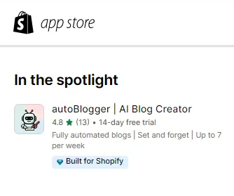 2024 Shopify App Store screenshot showing autoBlogger in the spotlight