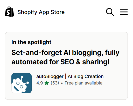 2026 Shopify App Store screenshot showing autoBlogger in the spotlight